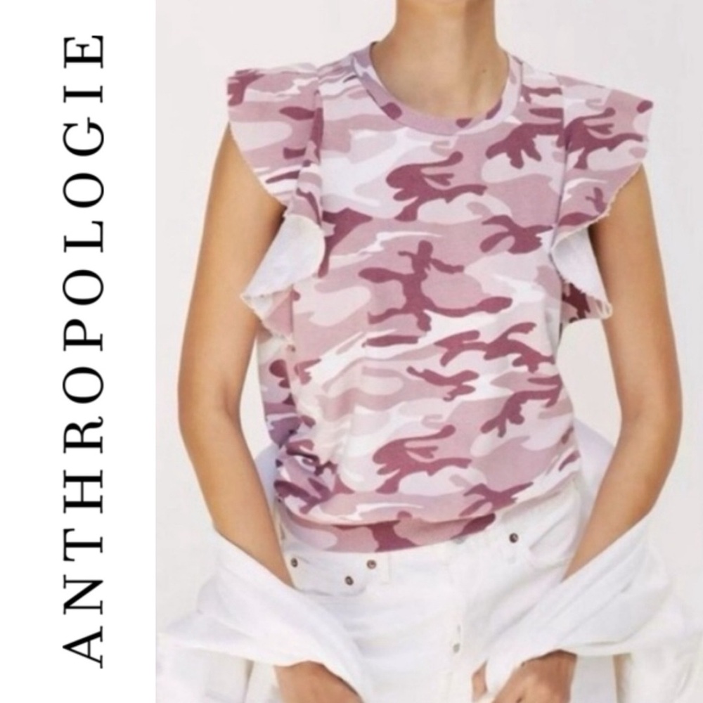t.la Anthropologie Pink Camo Ruffle Sleeve Top Casual Comfort Size XS & M